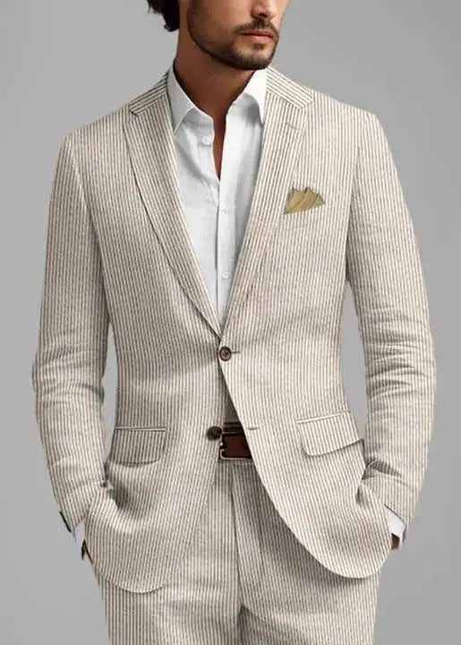 Slim Fit Two-Button Seersucker Tan Suit Set - IVORYNN