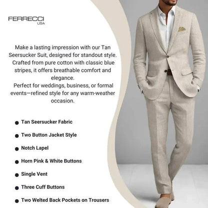 Slim Fit Two-Button Seersucker Tan Suit Set - IVORYNN