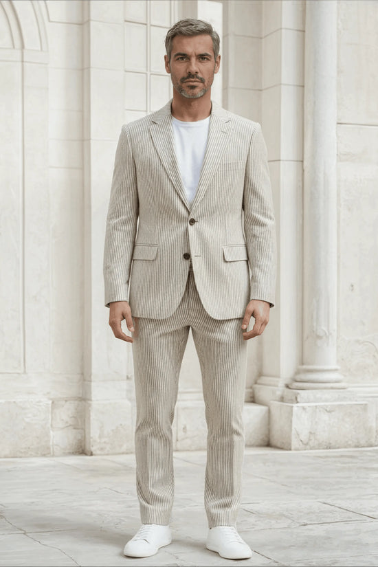 Slim Fit Two-Button Seersucker Tan Suit Set - IVORYNN
