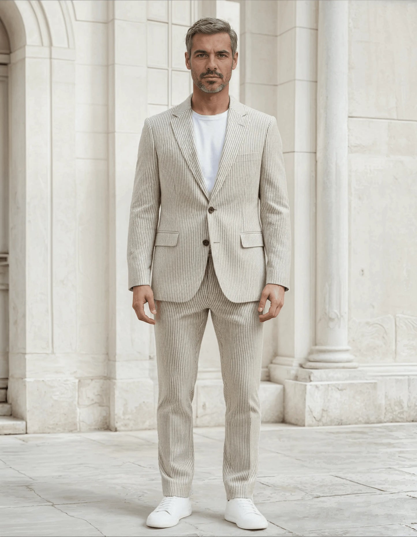Slim Fit Two-Button Seersucker Tan Suit Set - IVORYNN