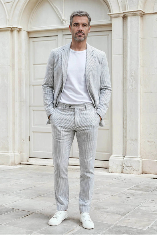 Slim Fit Two-Button Seersucker White black line Suit Set - IVORYNN