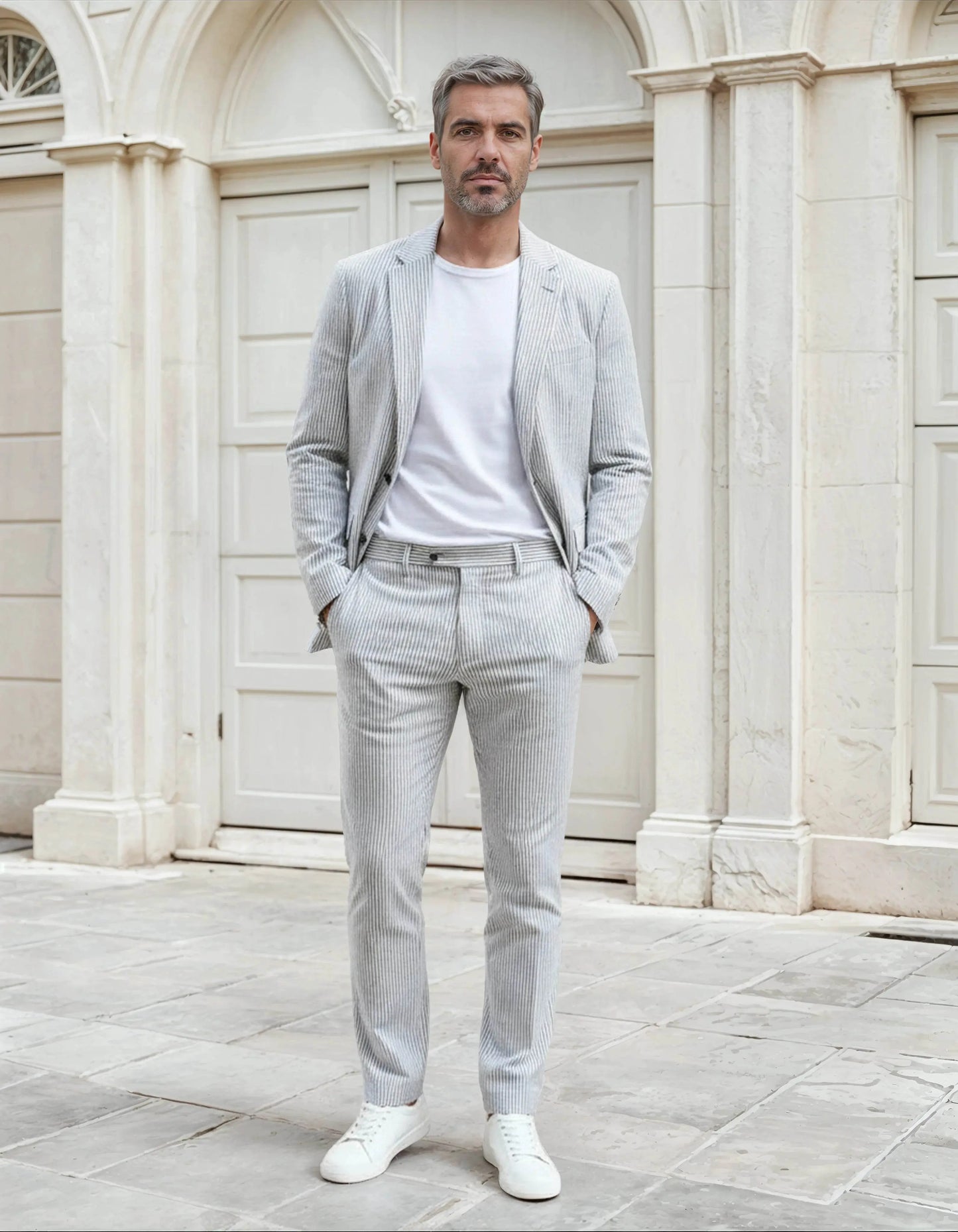 Slim Fit Two-Button Seersucker White black line Suit Set - IVORYNN