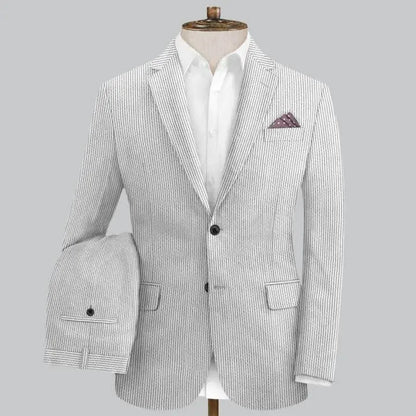 Slim Fit Two-Button Seersucker White black line Suit Set - IVORYNN