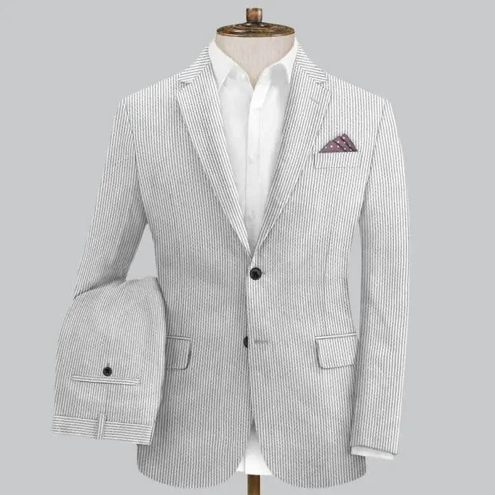 Slim Fit Two-Button Seersucker White black line Suit Set - IVORYNN