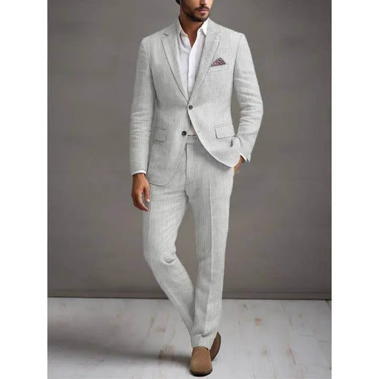 Slim Fit Two-Button Seersucker White black line Suit Set - IVORYNN