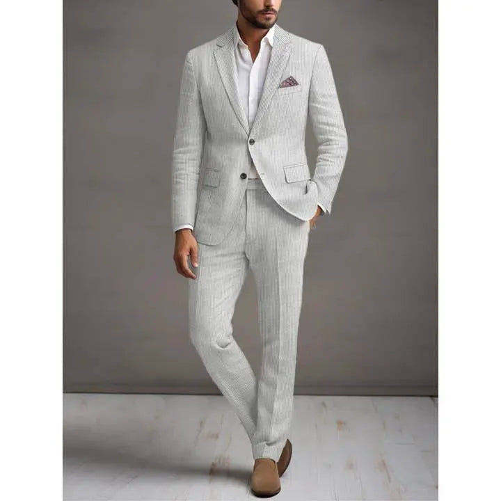 Slim Fit Two-Button Seersucker White black line Suit Set - IVORYNN