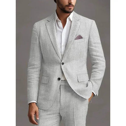 Slim Fit Two-Button Seersucker White black line Suit Set - IVORYNN