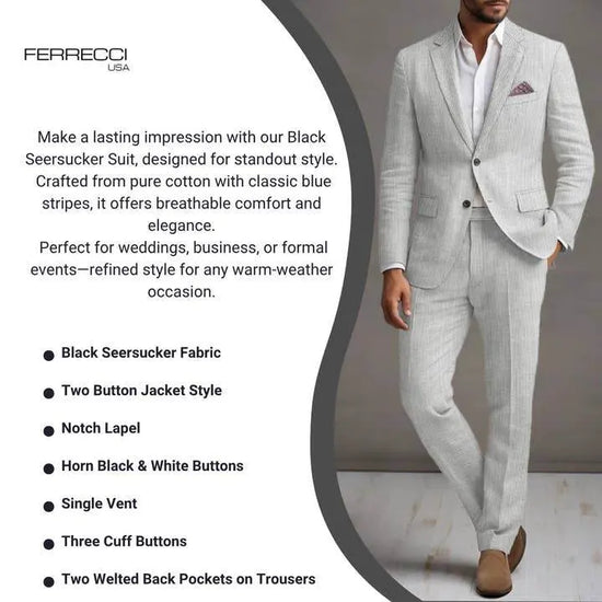 Slim Fit Two-Button Seersucker White black line Suit Set - IVORYNN