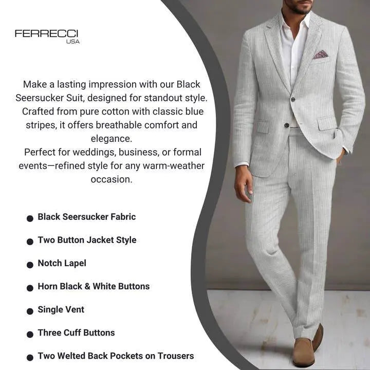 Slim Fit Two-Button Seersucker White black line Suit Set - IVORYNN
