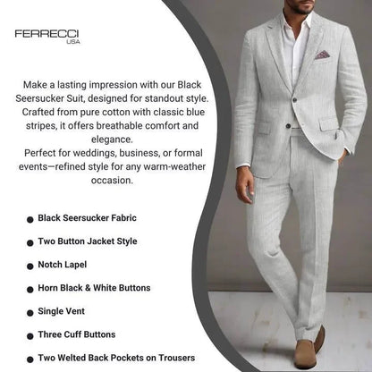 Slim Fit Two-Button Seersucker White black line Suit Set - IVORYNN