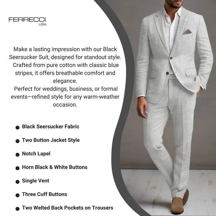 Slim Fit Two-Button Seersucker White black line Suit Set - IVORYNN