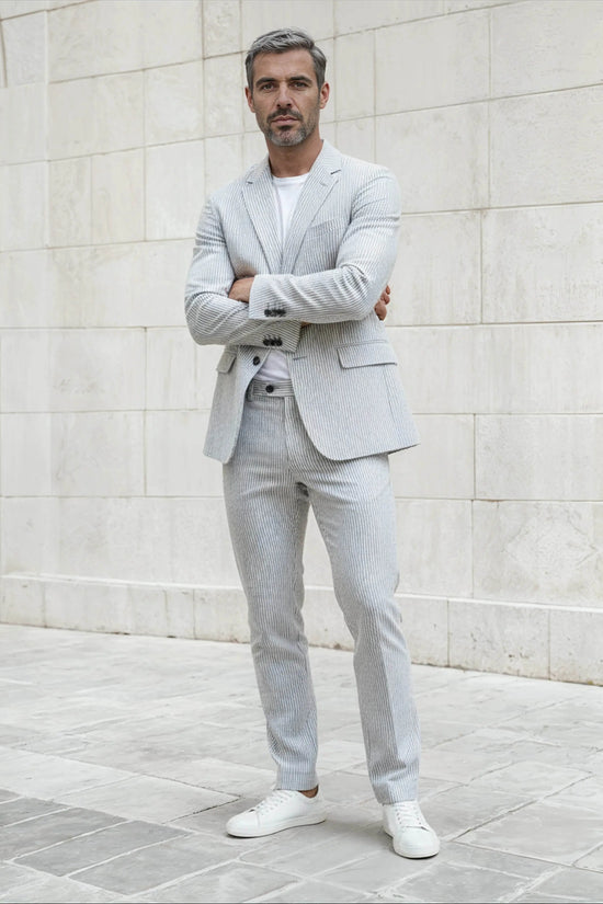 Slim Fit Two-Button Seersucker White black line Suit Set - IVORYNN