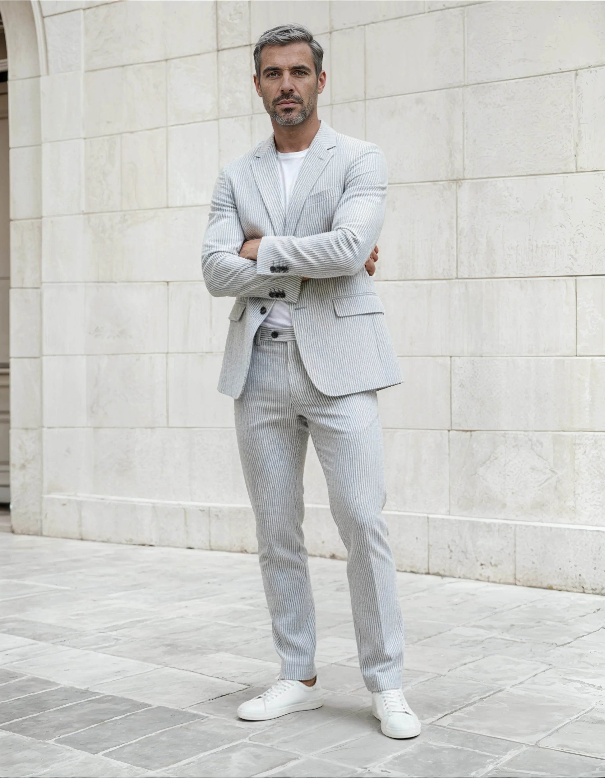 Slim Fit Two-Button Seersucker White black line Suit Set - IVORYNN