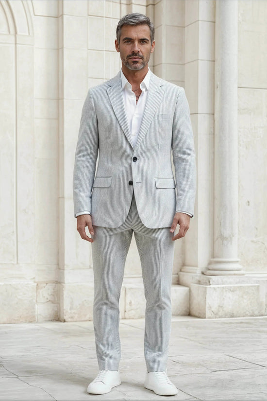Slim Fit Two-Button Seersucker White black line Suit Set - IVORYNN
