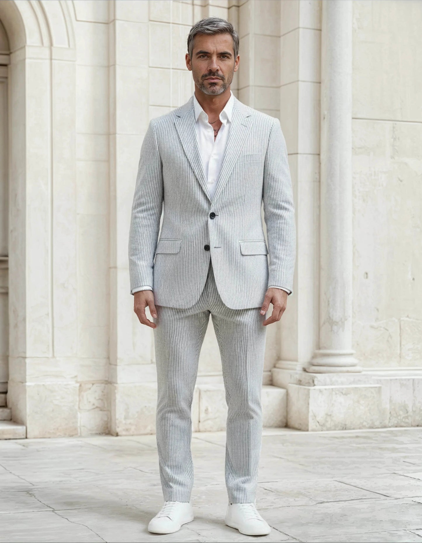 Slim Fit Two-Button Seersucker White black line Suit Set - IVORYNN