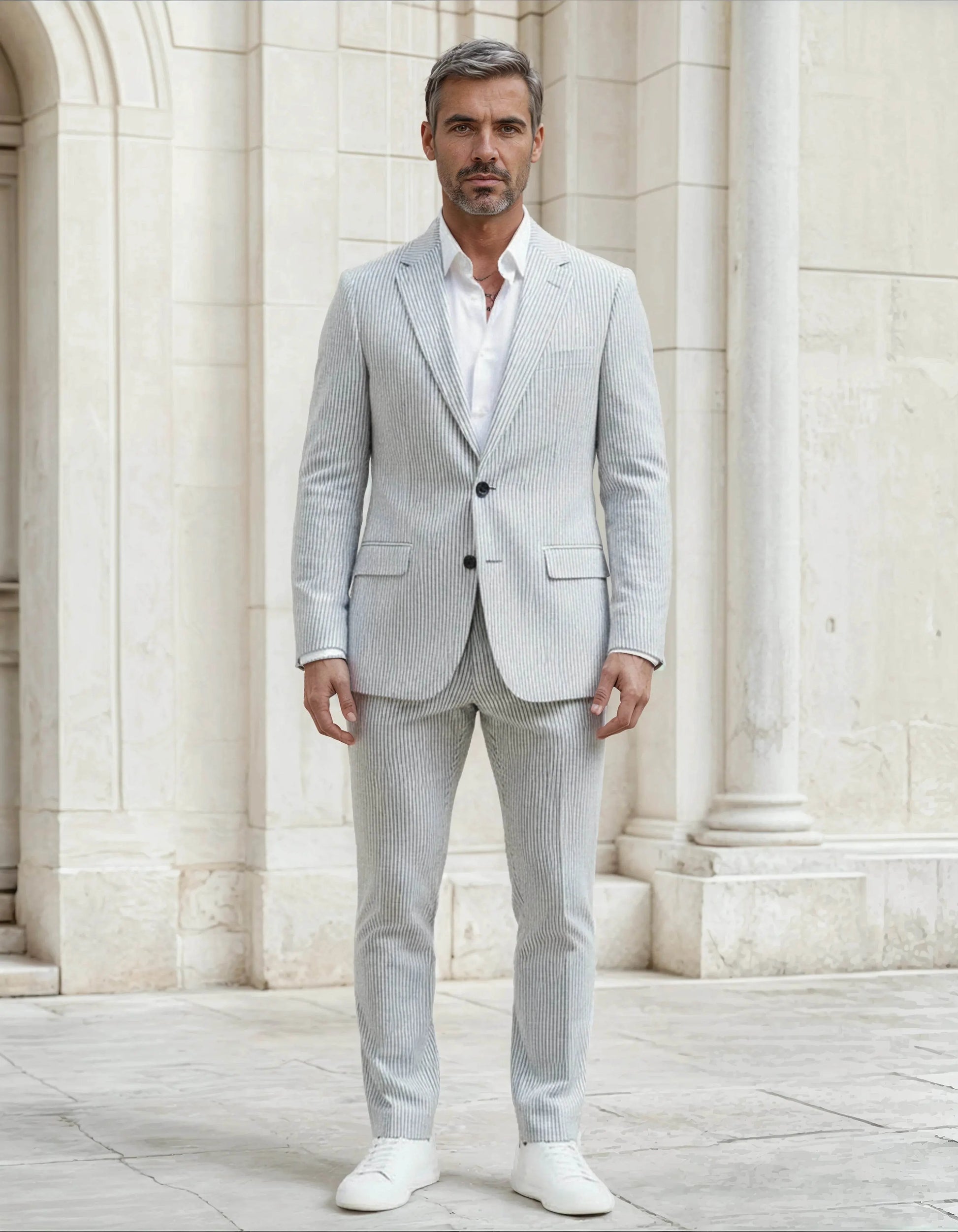 Slim Fit Two-Button Seersucker White black line Suit Set - IVORYNN