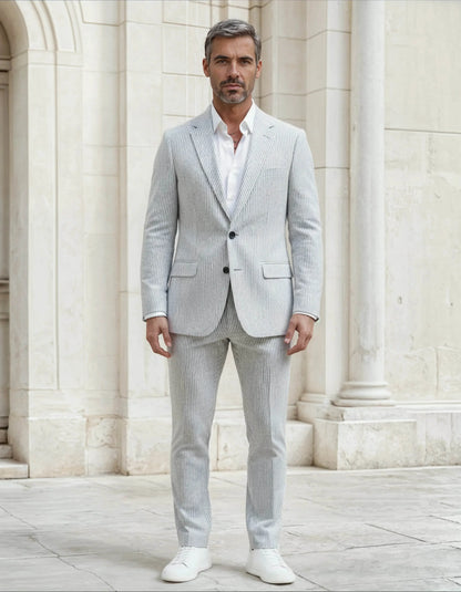 Slim Fit Two-Button Seersucker White black line Suit Set - IVORYNN