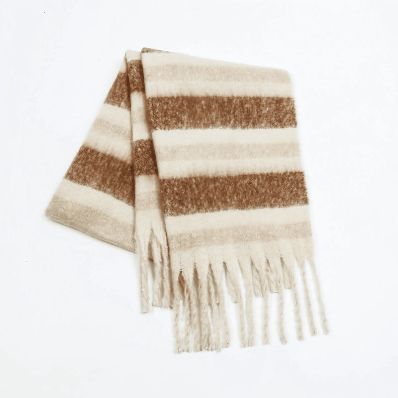 Smart Plaid Fringe Contrast Striped Scarf - IVORYNN