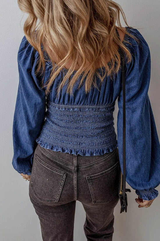 Smocked Long Sleeve Denim Top - IVORYNN