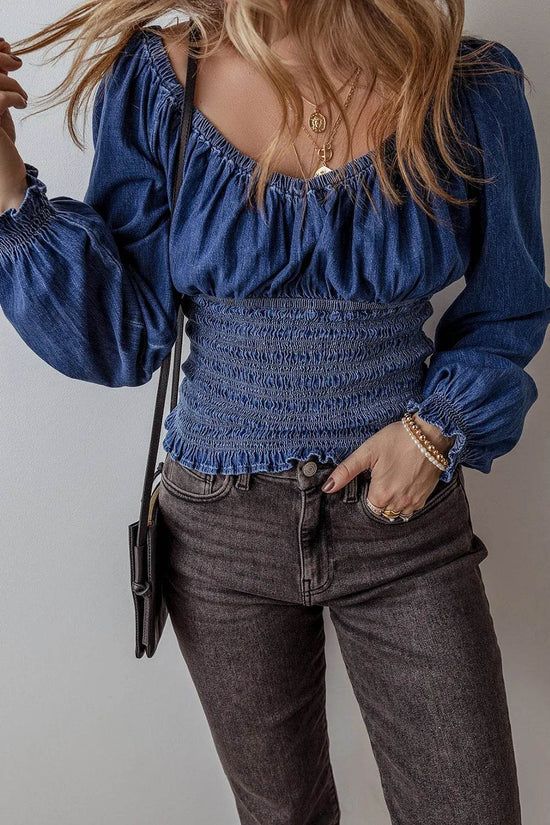 Smocked Long Sleeve Denim Top - IVORYNN