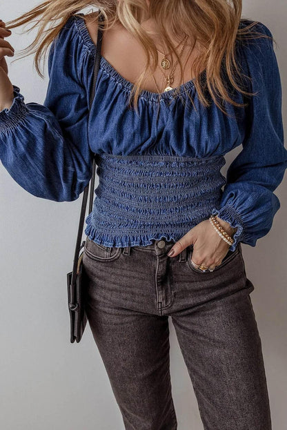 Smocked Long Sleeve Denim Top - IVORYNN