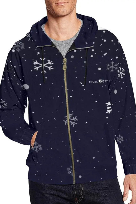 Snowy Full Zip Dark Blue Hoodie - IVORYNN