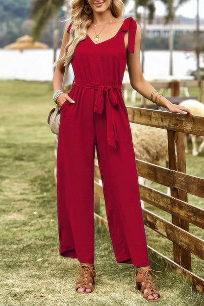 Solid Belt V Neck Wide Leg Fit Jumpsuit - IVORYNN