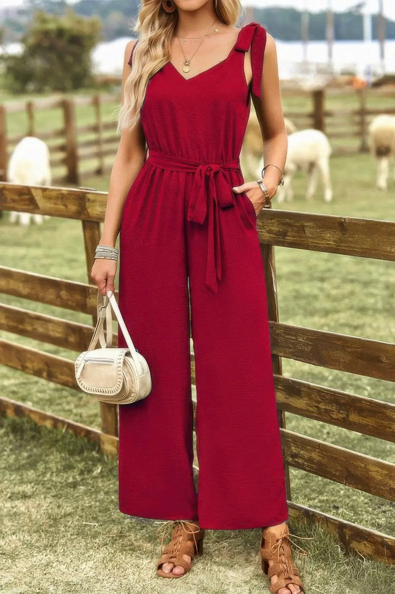 Solid Belt V Neck Wide Leg Fit Jumpsuit - IVORYNN