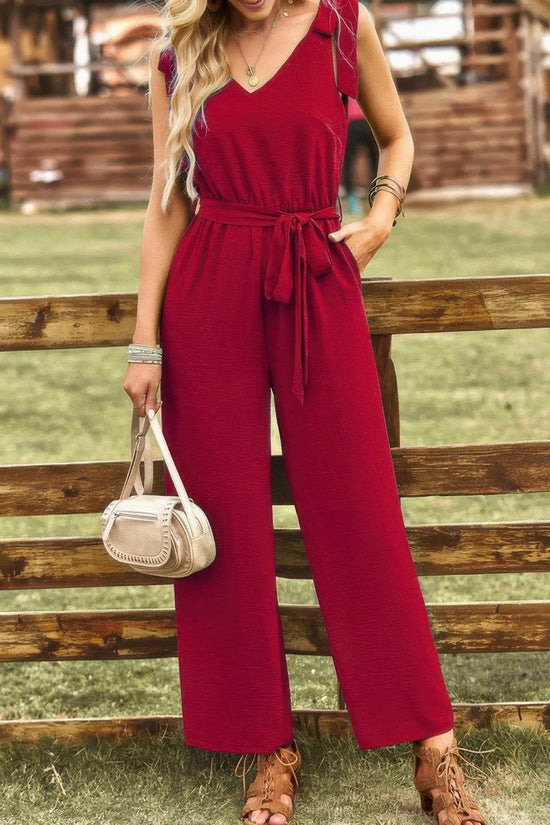 Solid Belt V Neck Wide Leg Fit Jumpsuit - IVORYNN