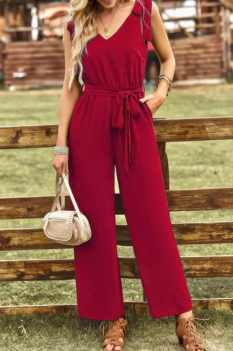 Solid Belt V Neck Wide Leg Fit Jumpsuit - IVORYNN