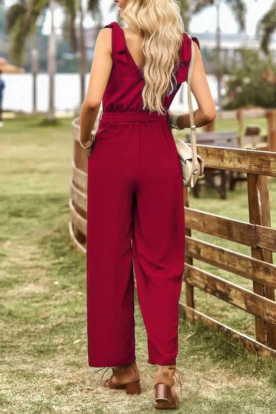 Solid Belt V Neck Wide Leg Fit Jumpsuit - IVORYNN
