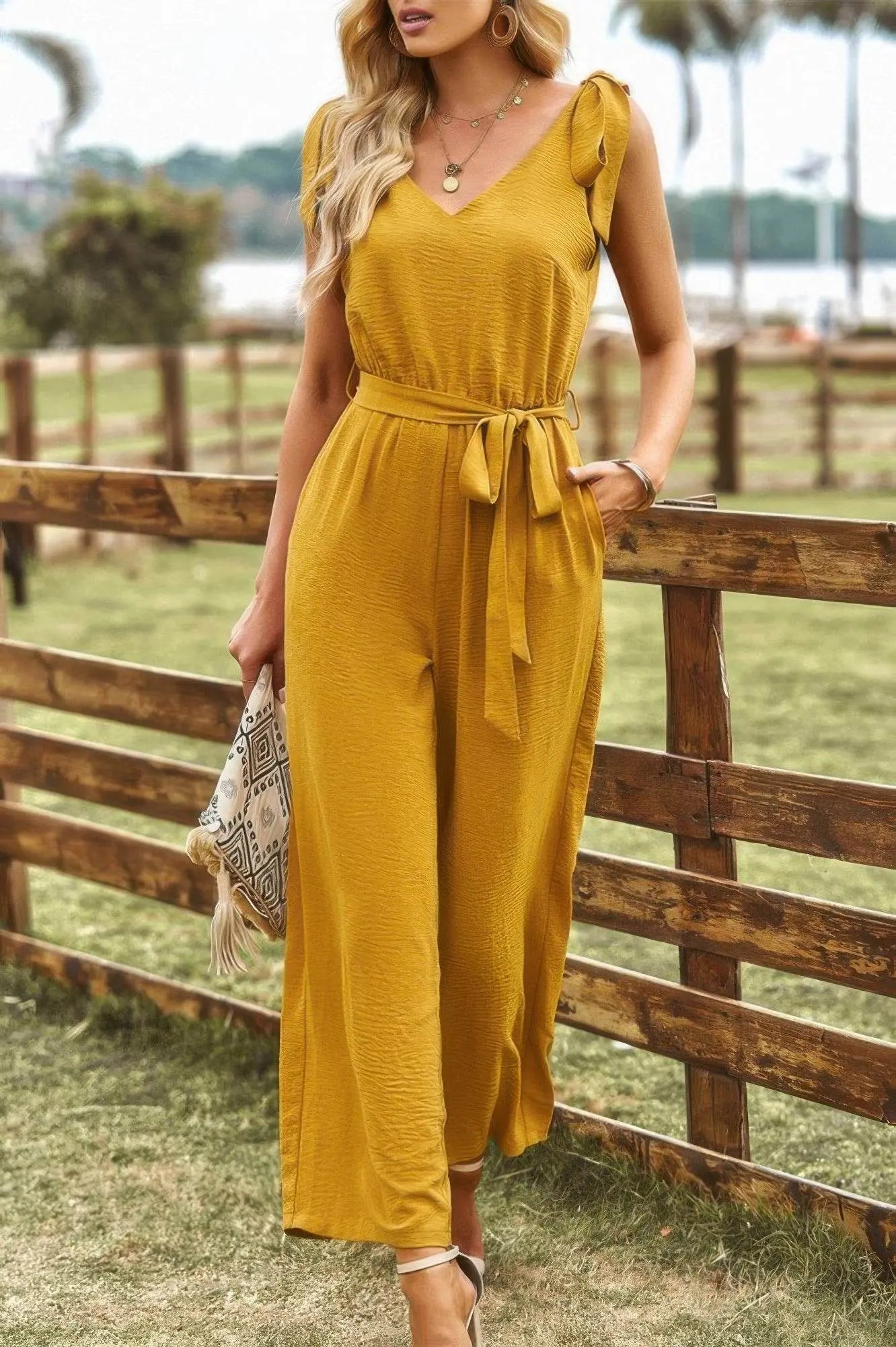 Solid Belt V Neck Wide Leg Fit Jumpsuit - IVORYNN