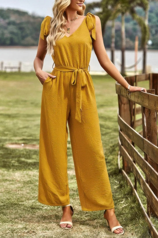 Solid Belt V Neck Wide Leg Fit Jumpsuit - IVORYNN