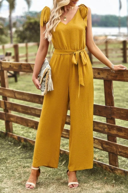 Solid Belt V Neck Wide Leg Fit Jumpsuit - IVORYNN