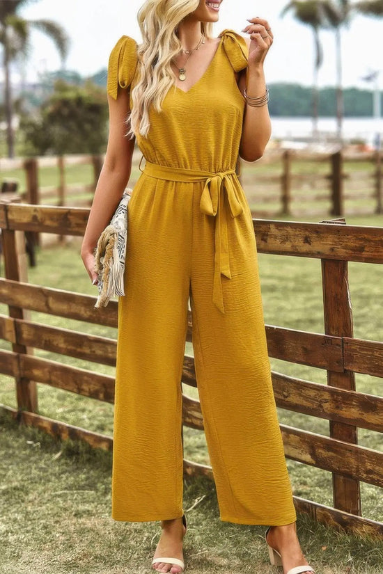 Solid Belt V Neck Wide Leg Fit Jumpsuit - IVORYNN