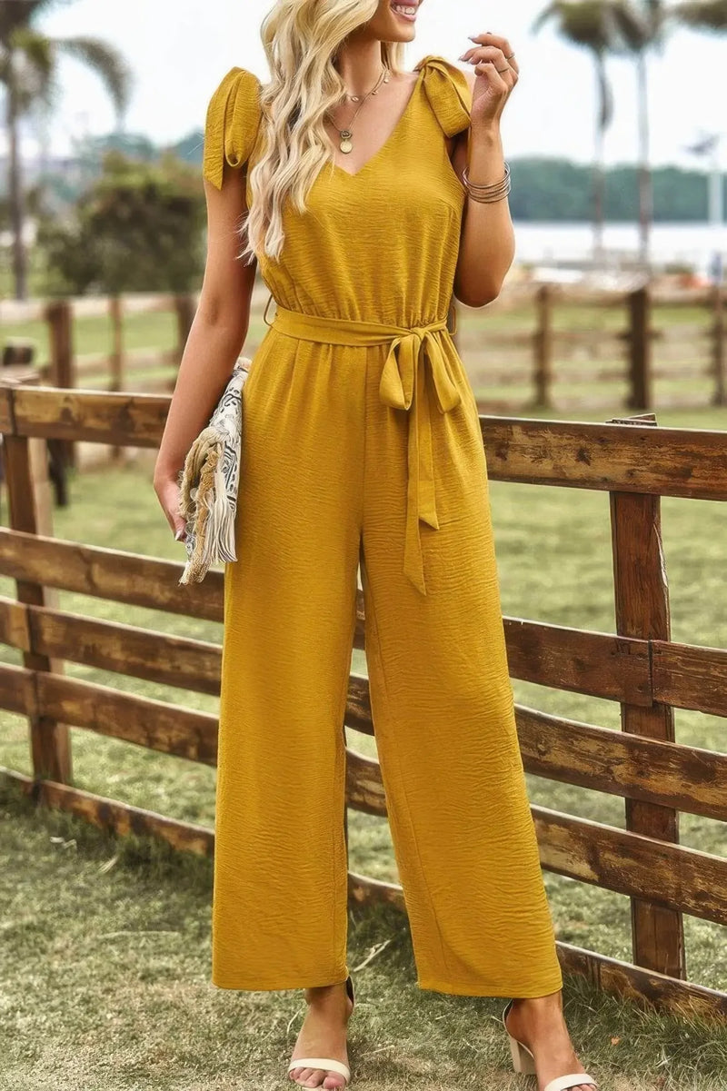 Solid Belt V Neck Wide Leg Fit Jumpsuit - IVORYNN