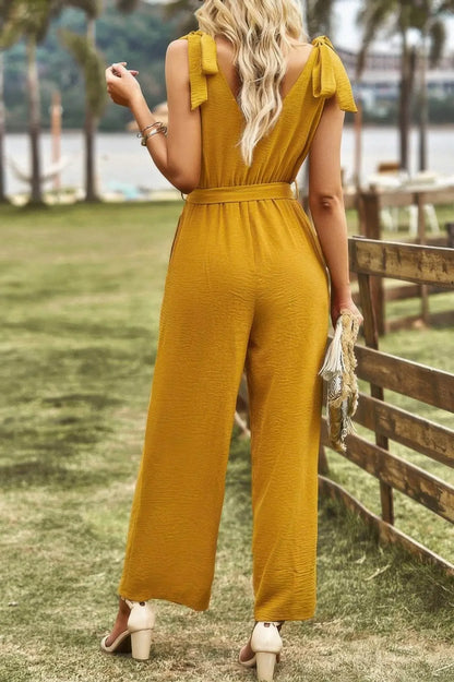 Solid Belt V Neck Wide Leg Fit Jumpsuit - IVORYNN