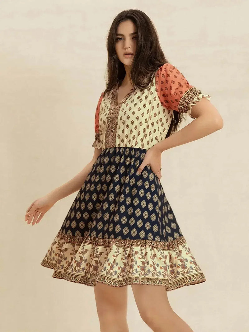 Spotted Mood Vintage V-Neck Short Sleeve Dress - IVORYNN