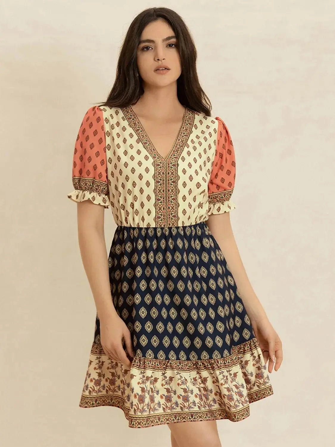 Spotted Mood Vintage V-Neck Short Sleeve Dress - IVORYNN