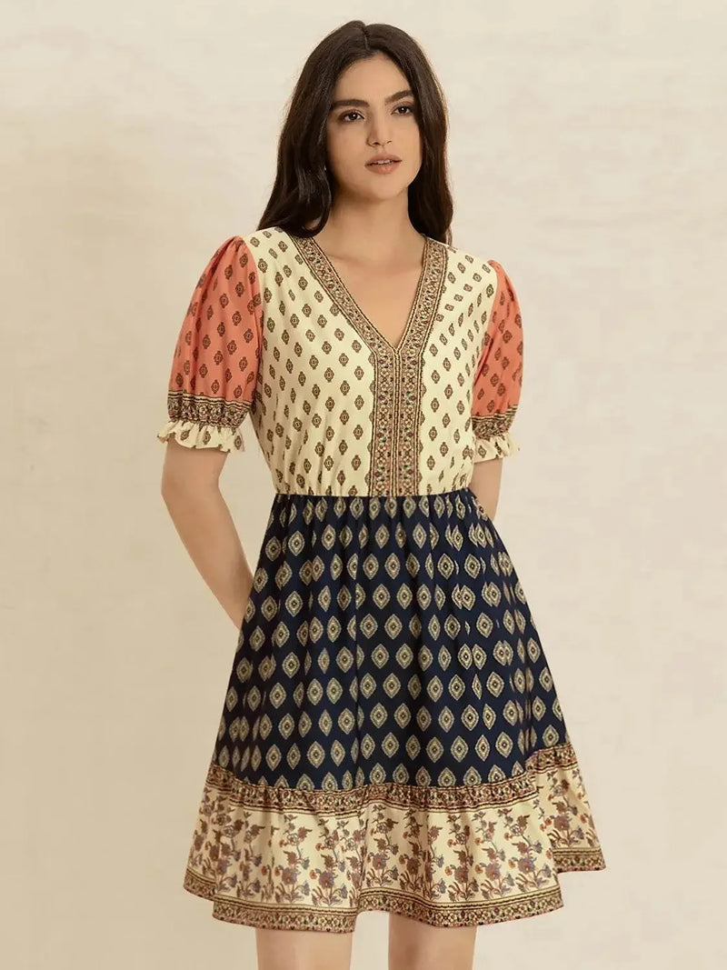 Spotted Mood Vintage V-Neck Short Sleeve Dress - IVORYNN