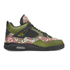 Olive green basketball sneaker with red and white geometric pattern, black sole, IVORYNN fashion
