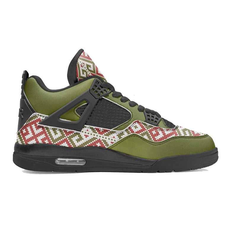 Olive green basketball sneaker with red and white geometric pattern, black sole, IVORYNN fashion