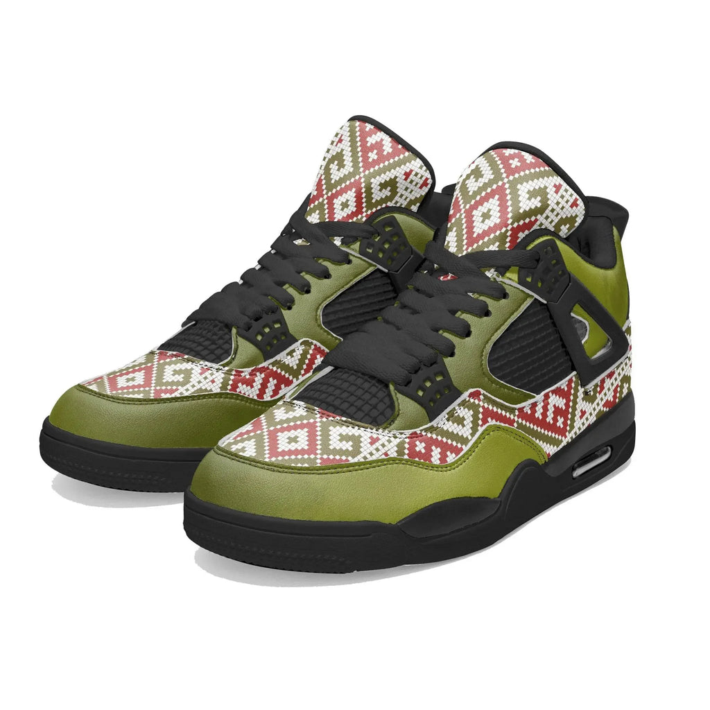 Olive green basketball sneakers with red and white geometric pattern, black laces, Ivorynn shoes