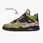 Olive green basketball sneaker with festive red and white geometric pattern, black sole, Ivorynn