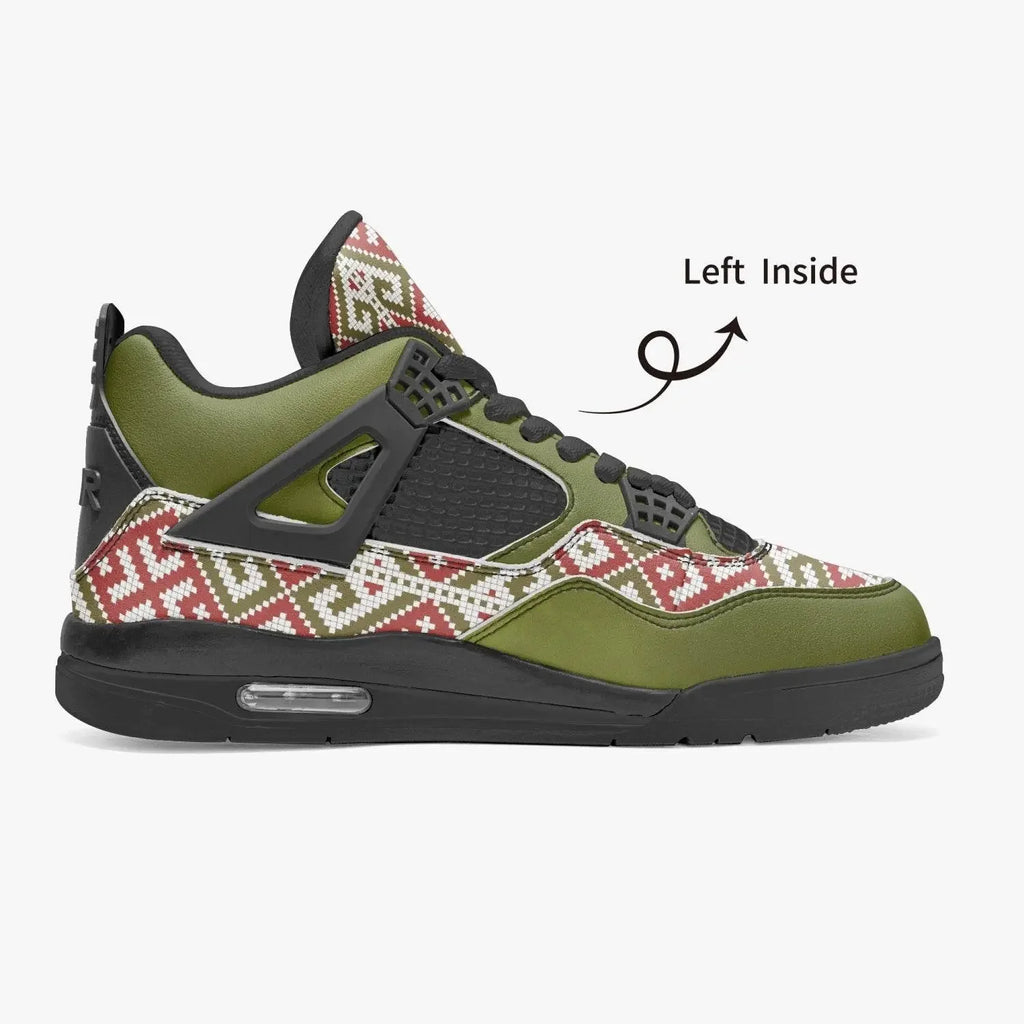 Olive green and black sneaker with red, white geometric print, modern style from Ivorynn