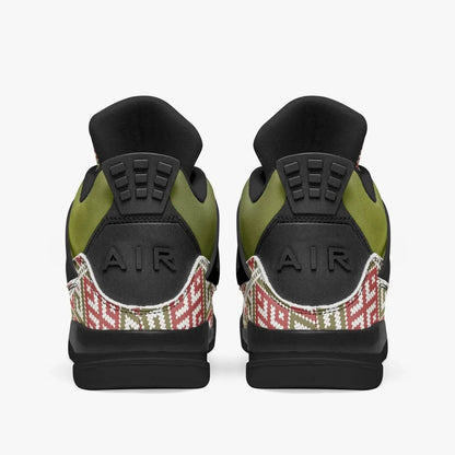 Olive green and patterned basketball sneakers, back view, luxury shoes from Ivorynn