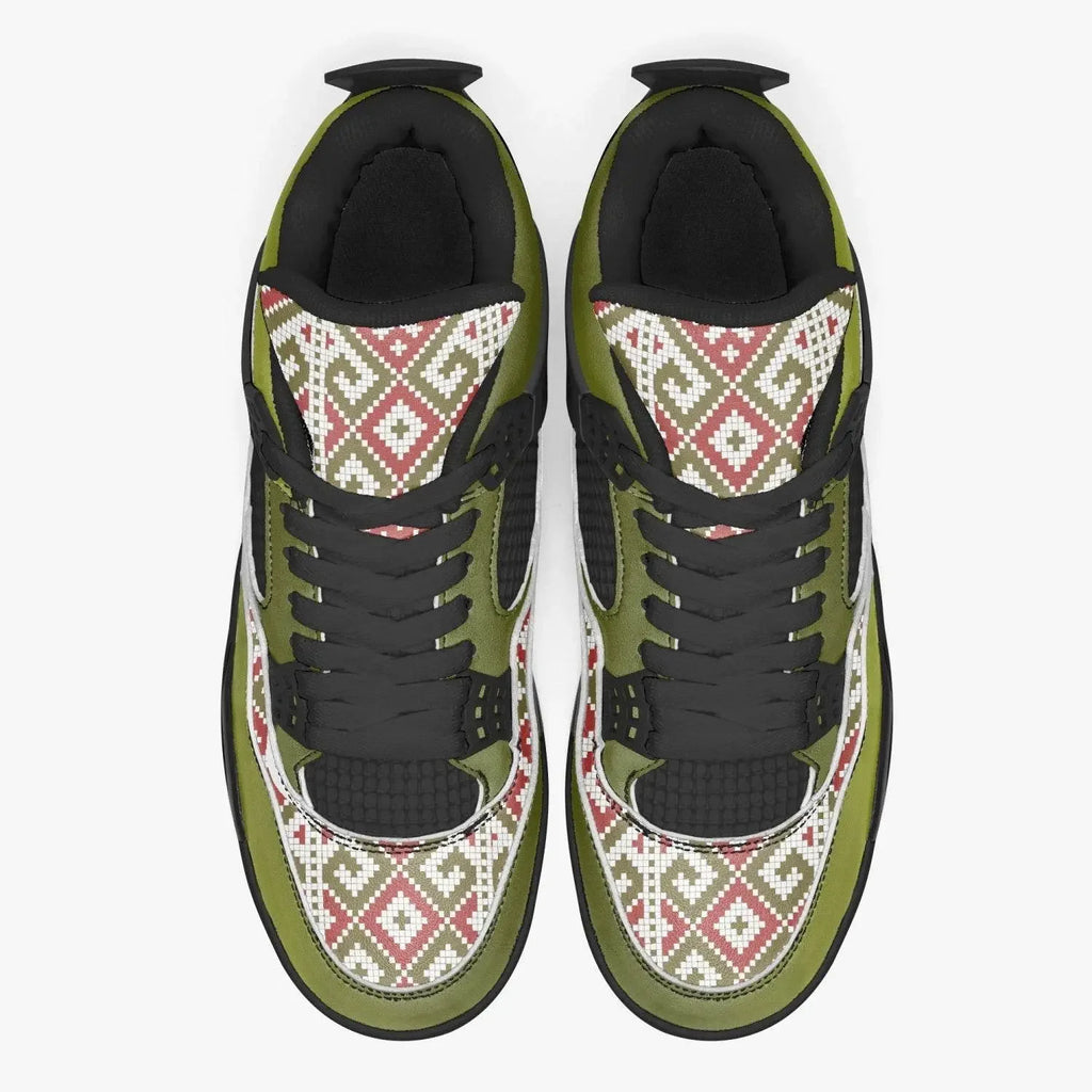 Olive green basketball sneakers with black laces and red diamond geometric pattern, Ivorynn shoes