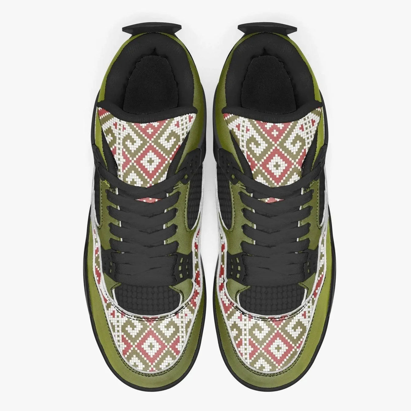 Olive green basketball sneakers with black laces and red diamond geometric pattern, Ivorynn shoes
