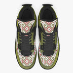 Olive green basketball sneakers with black laces and red diamond geometric pattern, Ivorynn shoes