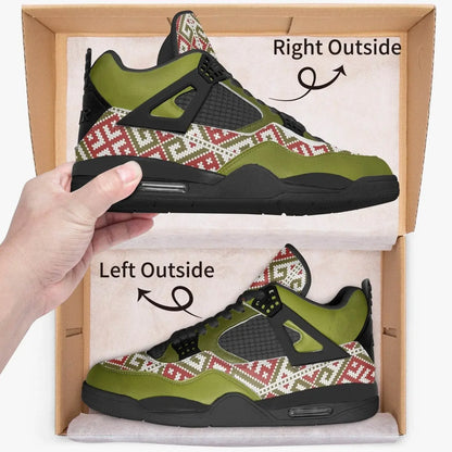 Olive green and black sneakers with geometric red and white pattern in a shoe box, Ivorynn fashion